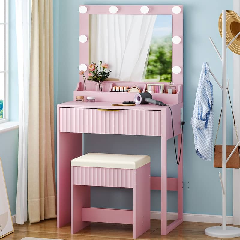 Particle Board Veneered with Textured Melamine, 1-drawer 3-compartment Dressing Table Set with 8 Three-color Dimmable Bulbs - Pink