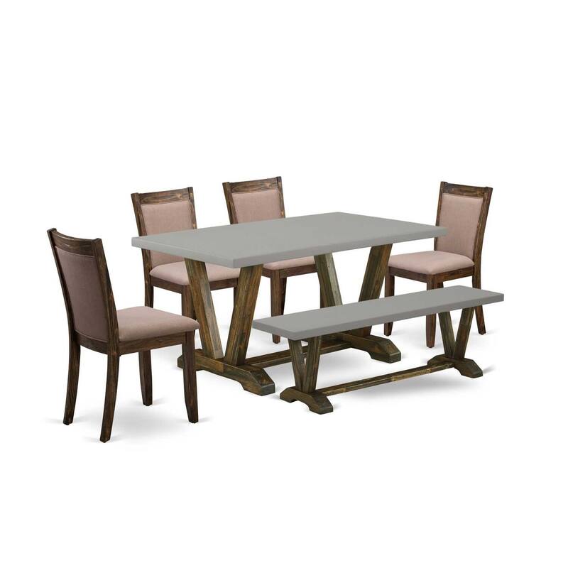 HomeStock 6-Piece Rectangle Distressed Jacobean Finish Solid Wood Top Dining Table with 1-Bench, 4-Chairs
