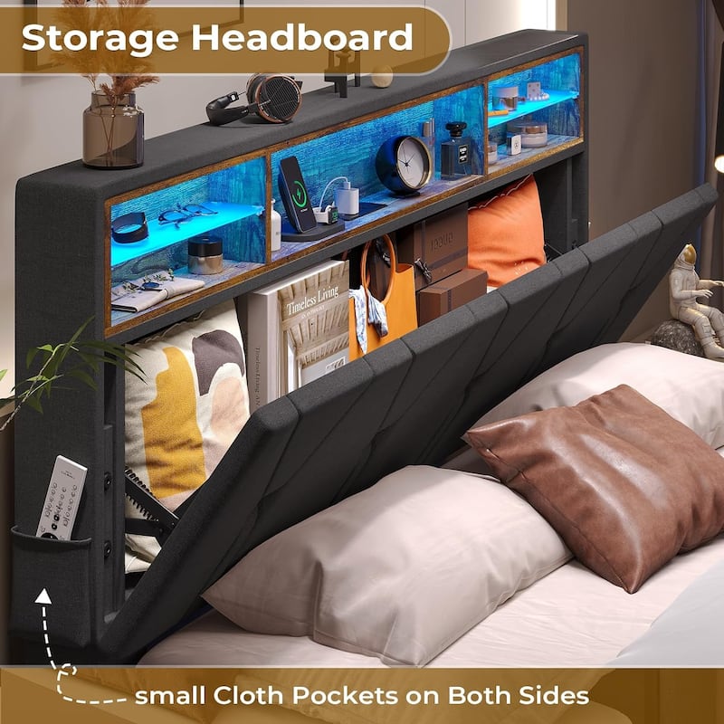 Bed Frame Storage Headboard RGB LED Lights Upholstered Platform