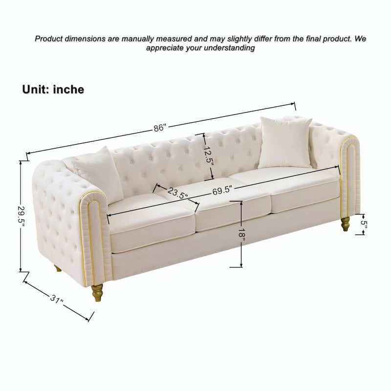 Roomfitters 86" and 63" Modern Tuxedo Chesterfield Sofa and Loveseat Set with Gold Trim, Button Back 2-Piece Couch Set