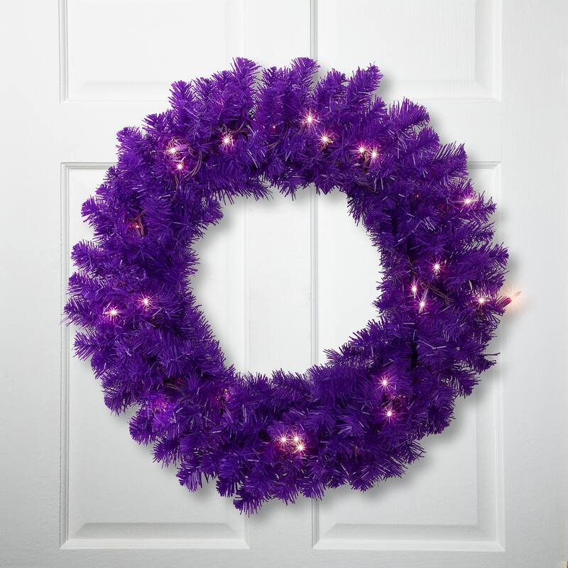 Pre-Lit Artificial Pine Christmas Wreath - 24" - Purple - Clear Lights