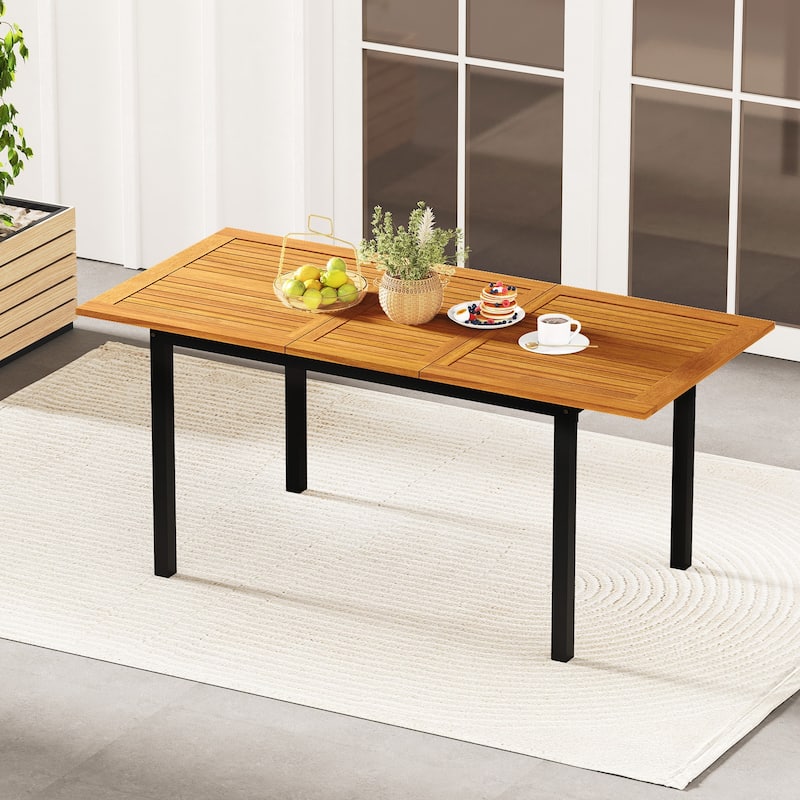 Expandable Acacia Wood Outdoor Dining Table with Metal Frame and Umbrella Hole for 4-8 Person - 51"-64" x 31.5" x 29"