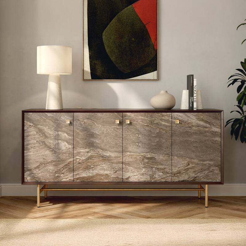 Studio London Celeste Walnut Sideboard with Ceramic Stone Doors Brass Metal Base