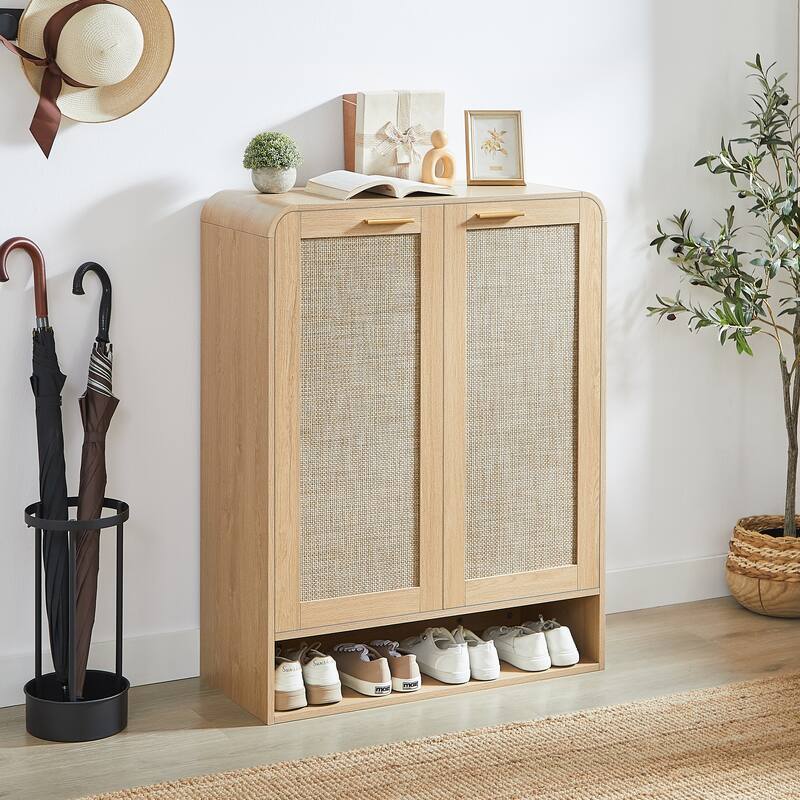 GDF Studio - Lindenwave Coastal Rattan and Wood Shoe Storage Cabinet with Adjustable Shelves - Oak