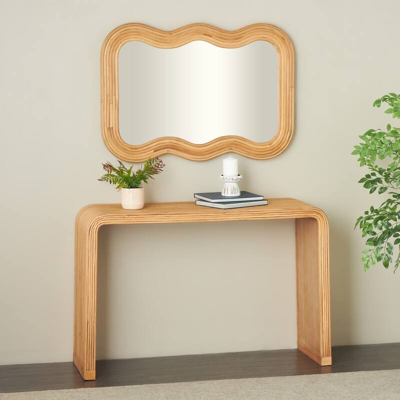 Brown Wood Handmade Ribbed Living Room Console Table with Mirror (Set of 2) - Brown