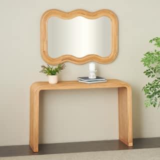 Brown Wood Handmade Ribbed Living Room Console Table with Mirror (Set of 2)