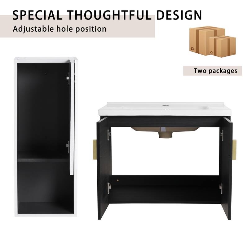 28" Wall-Mounted Bathroom Vanity With Ceramic Sink and Side Cabinet, Soft Close Doors, Combination Cabinet