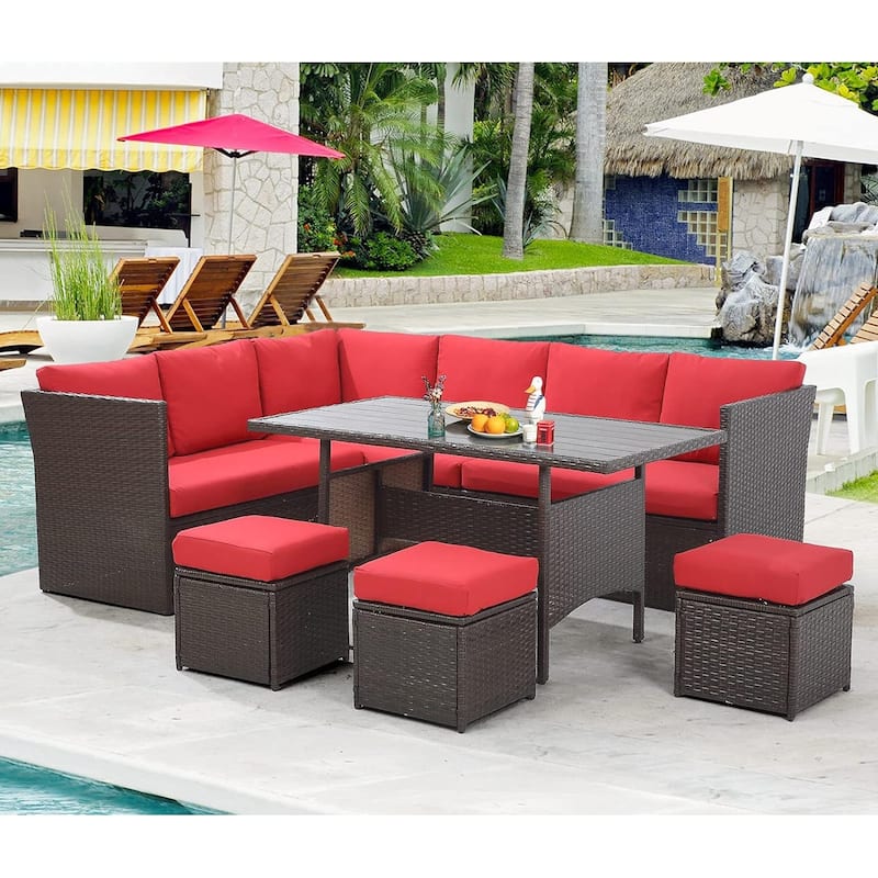 AECOJOY 7-Piece Outdoor Patio Wicker Sectional Sofa with Dining Table - Red