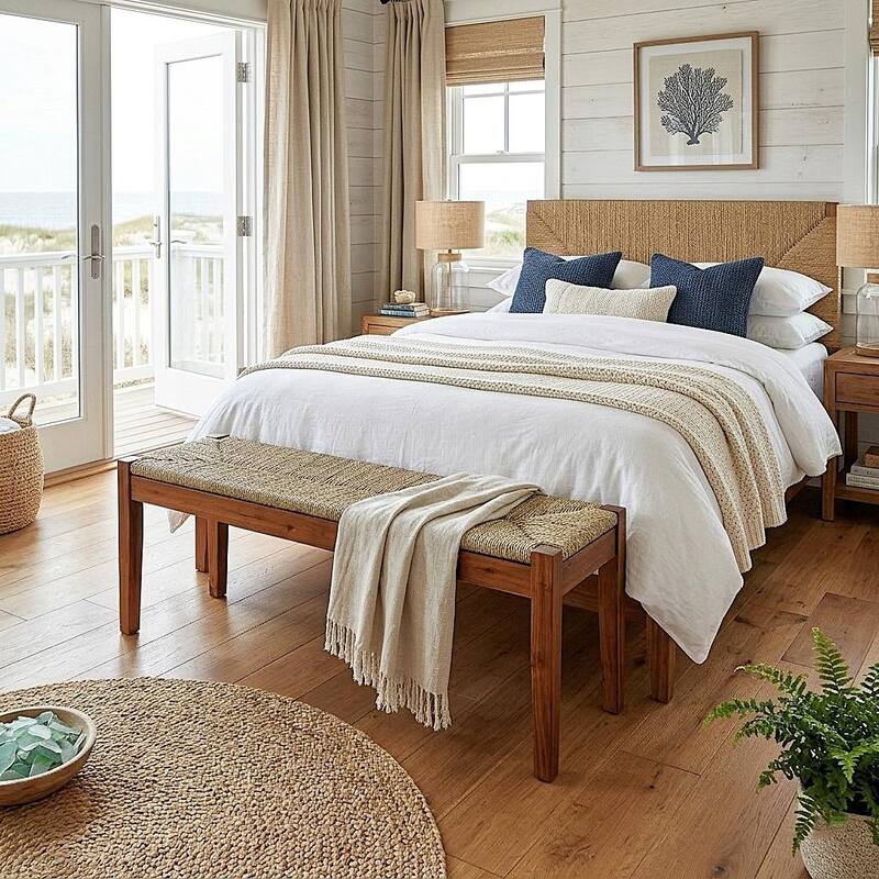 M4HSolid Acacia Wood Bench with Handwoven Natural Seagrass Seat