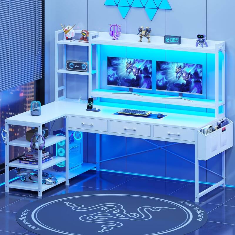 55" L Shaped Gaming Desk Corner Computer Desk Fabric Drawers