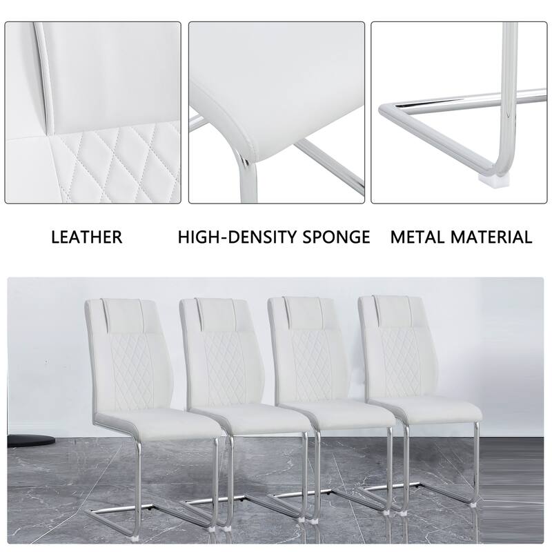White Leather Dining Chair Set of 6 Office Chair w/C-Shaped Metal Legs