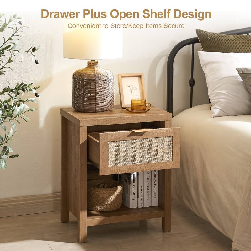 SICOTAS Farmhouse Rattan Nightstand Set of 2 with Drawer and Storage Shelf