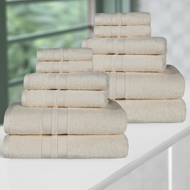 Superior Ultra-Soft Cotton Solid Quick-Drying 12 Piece Towel Set - Ivory