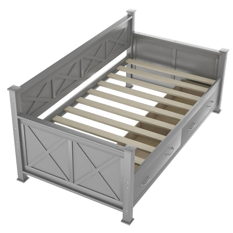 Twin Size Wooden Modern and Rustic Casual Style Daybed with 2 Storage Drawers & Headboard