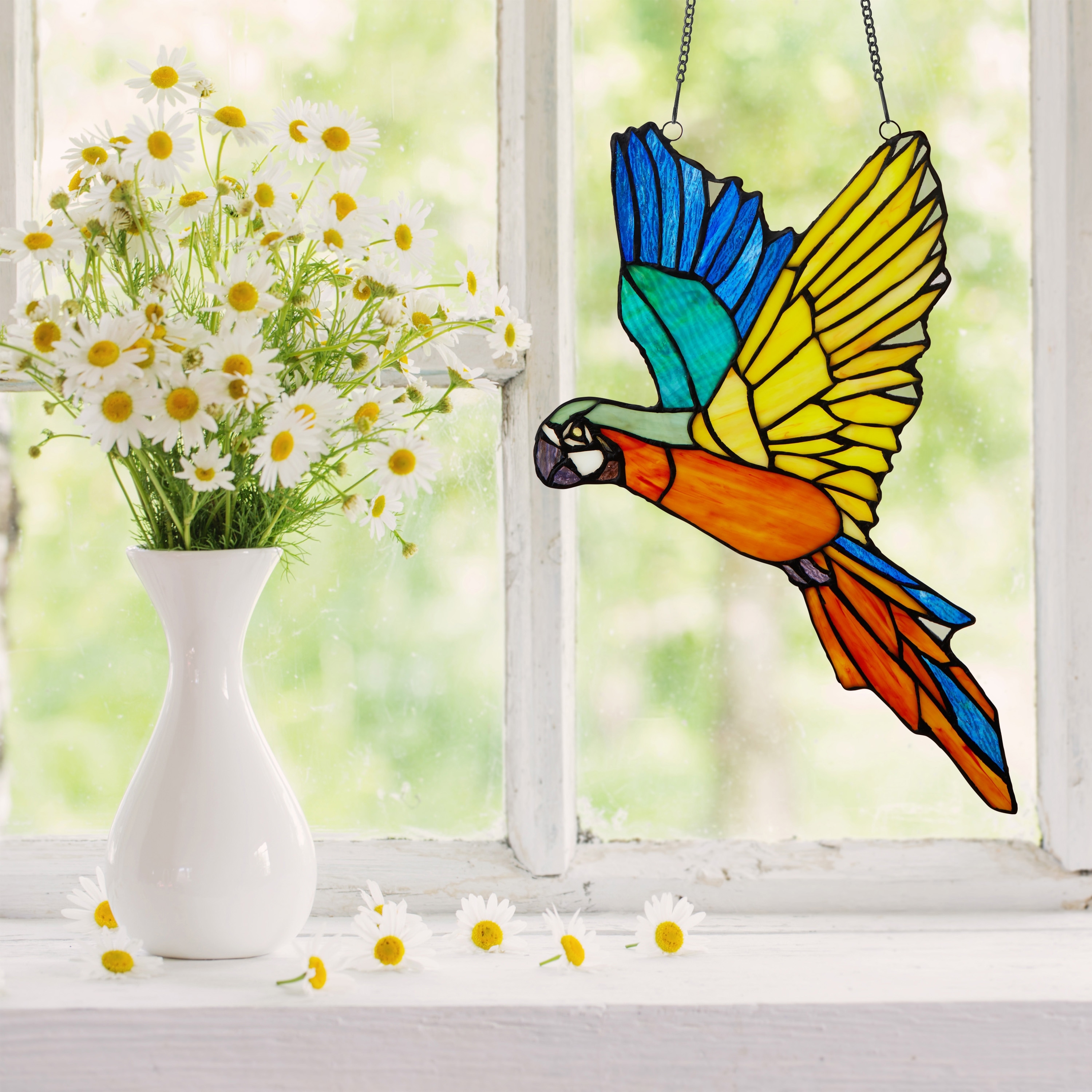 River of Goods Dali River of Goods 16-Inch Flying Tropical Parrot Stained  Glass Window Panel 11.5