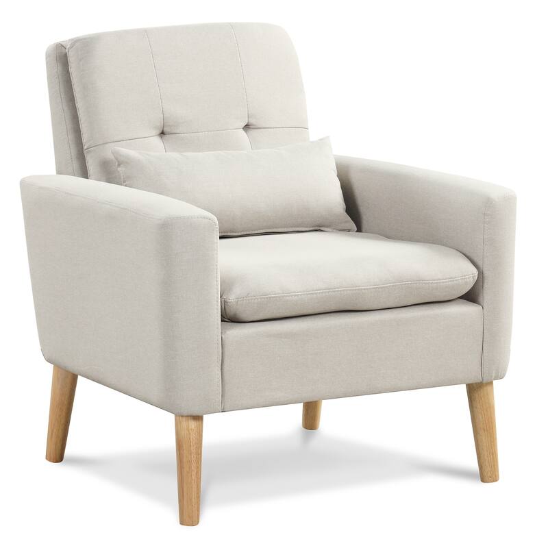 Linen Tufted Accent Chair with Lumbar Pillow and Wood Legs - 30" x 31" x 33.5" - Beige