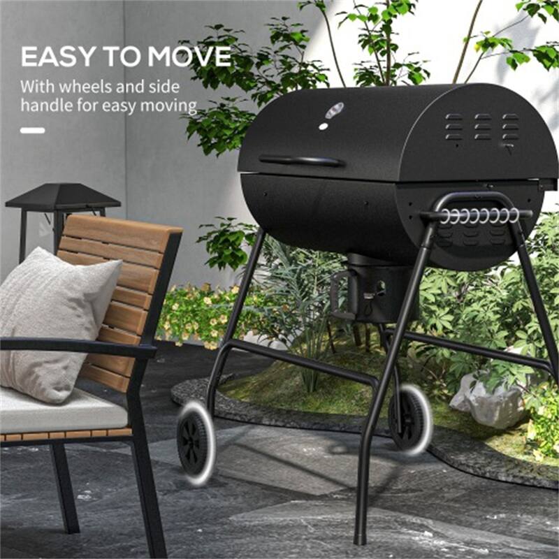 Charcoal BBQ Grill with Warming Rack Removable Middle Grate Thermometer Air Vents Wheels Steel Outdoor Barbecue