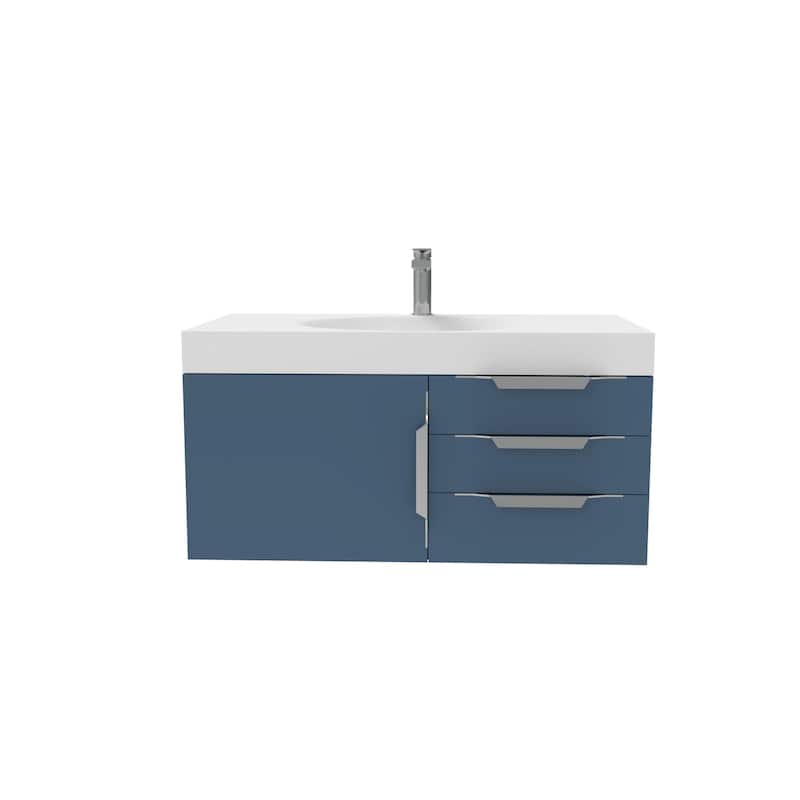 Thames 36" Shallow Basin Wall Mounted Bathroom Vanity Set w/ White Top - Blue - Matte