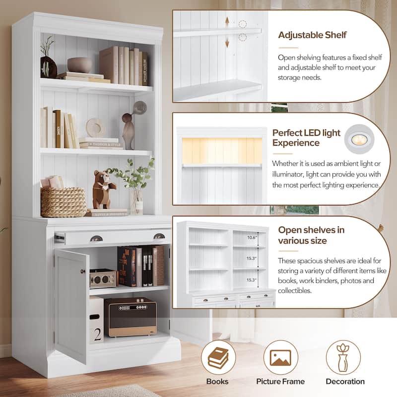 83.4"Tall Bookshelf Suite, Modern Bookcase Suite with LED Lighting,Doors and Drawers,2-Piece Set Storage Bookcase
