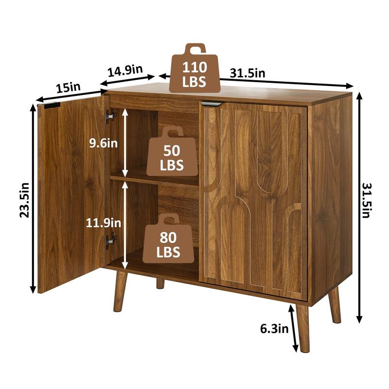 Roomfitters Mid-Century Modern Storage Cabinet with Geometric Arched Doors, Sideboard Buffet with Black Handles, Walnut