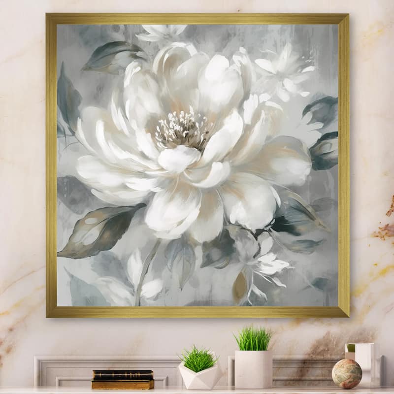 Designart "White Grey Peony Blooms In Motion I" Floral Peony Framed Canvas Art Print