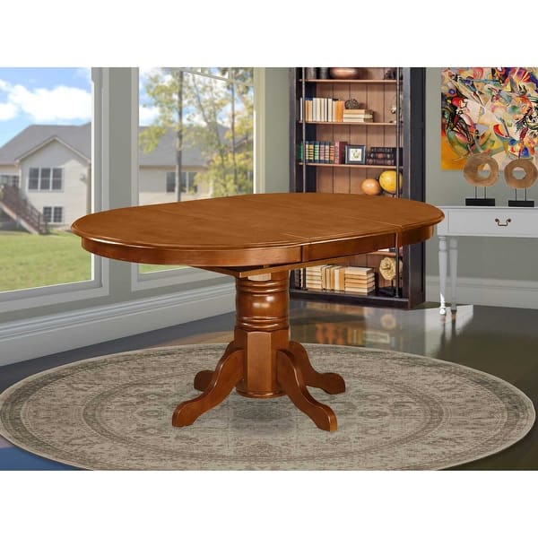 slide 2 of 3, Oval Expandable Dining Table with 42x60 Inch Butterfly Leaf and Elegant Pedestal Base in Saddle Brown