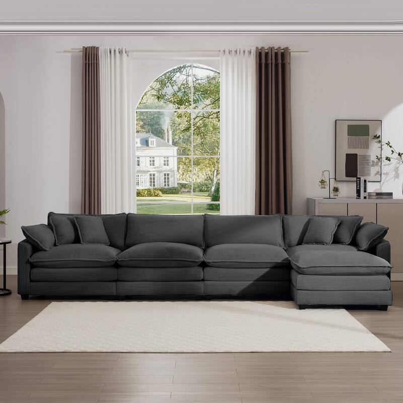 Comfortable 4-Seat Sectional Sofa with High-Resilience Foam & Matching Footstool - Corduroy Upholstery