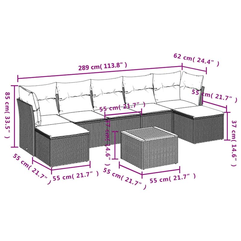 vidaXL Patio Sofa Set with Cushions Outdoor Furniture 8 Piece Poly Rattan - 24.4 x 24.4 x 27.2