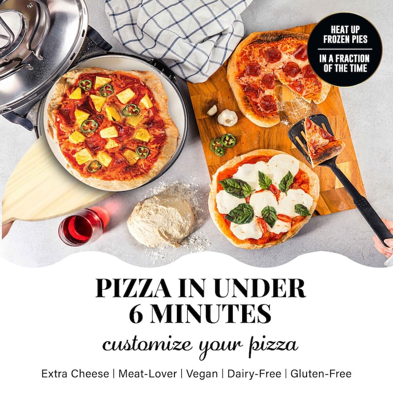Granitestone Piezano XL 14" Black Electric Pizza Oven Indoor Outdoor - 5 Pc Set with Pizza Stone & Peels - 8-Slice