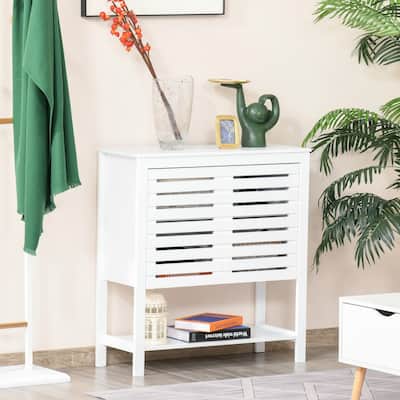 HOMCOM Modern Media Console Cabinet with Slat Double Doors, Enclosed Adjustable Shelf and Open Bottom Shelf, White - 11.75*30*32