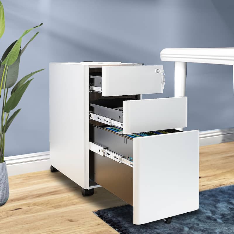 Modern 3-Drawer Mobile Vertical Steel File Cabinet for A4, Letter, Legal size Files - White