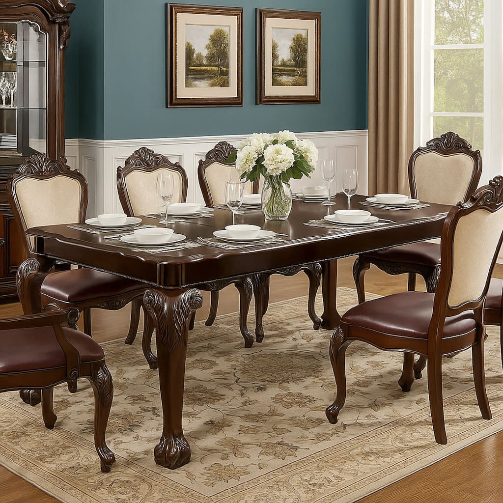 Rectangular Wooden Dining Table with Textured Top and Extendable Leaf, Cherry Brown
