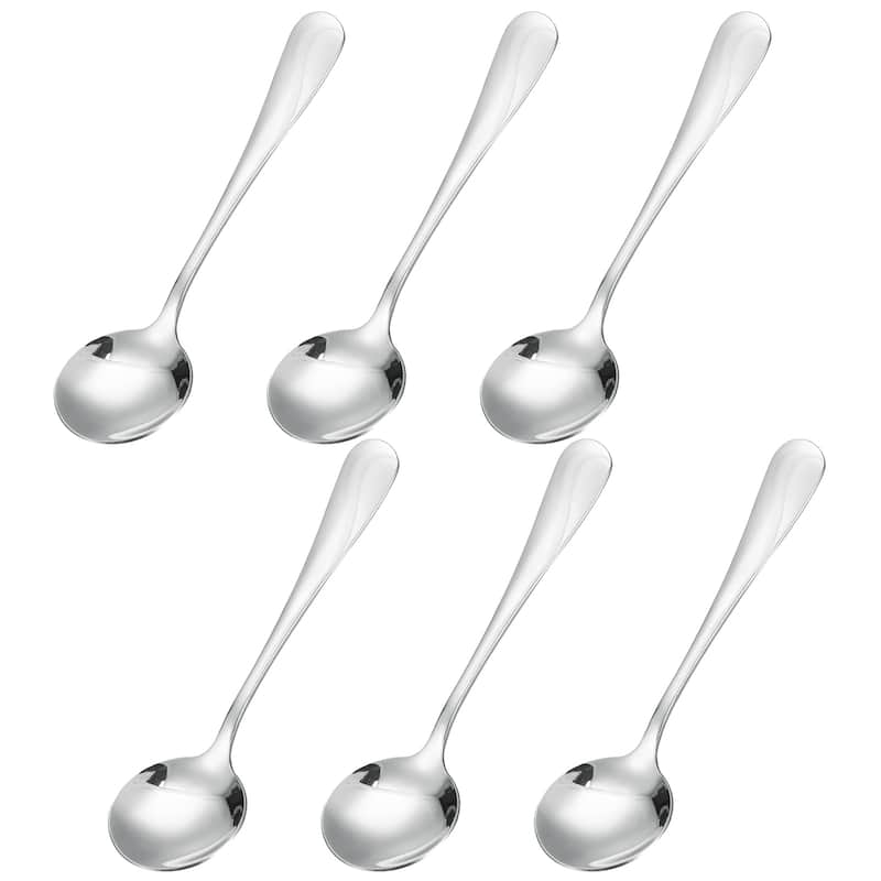 6Pcs 5.1" Stainless Steel Soup Spoon Tea Spoons Round Dinner Spoons - Silver