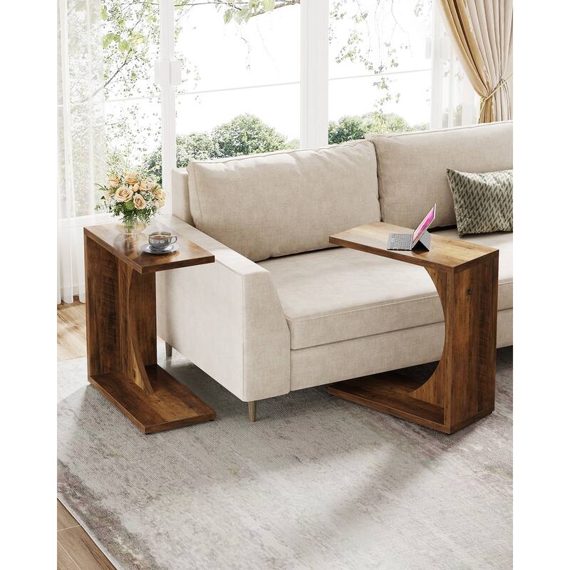Wood 2-Tier C-Shaped ChairSide End Couch Table (Set of 2) - Brown