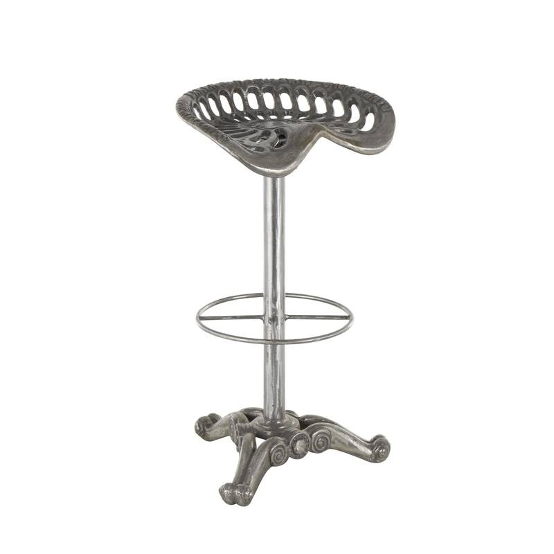 Silver Metal Weathered Antique Cast Iron Scroll Bar Stool with Cutout Textured Seat and Footrest - 17"W x 17"L x 31"H