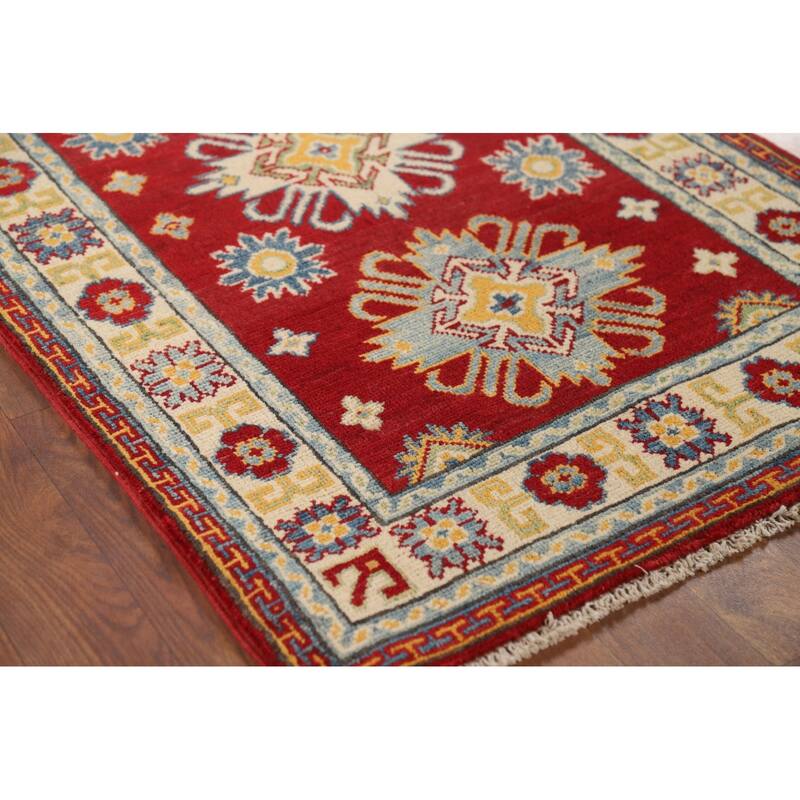 Geometric Red Kazak Oriental Foyer Rug Hand-Knotted Wool Carpet - 2'7" x 4'1"