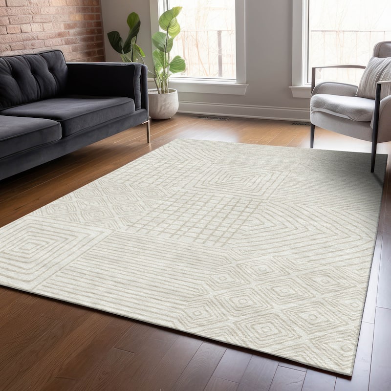Machine Washable Indoor/ Outdoor Modern Mosaic Chantille Rug - Ivory - 5' x 7'6"