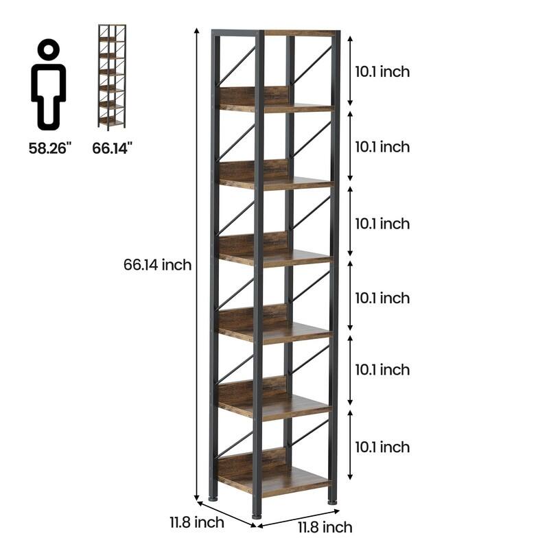 6-Tier Slim Bookshelf Tall Rustic Metal Frame Bookcase Narrow Corner Shelf - Retro Brown