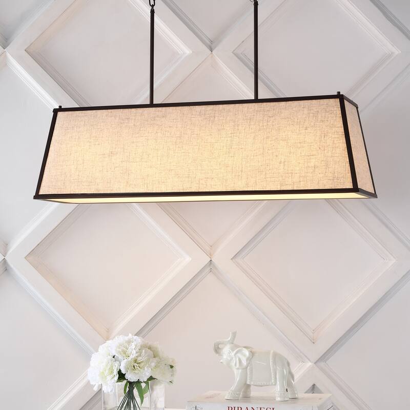 Arlo 42" 4-Light Minimalist Industrial Trapezoidal Linen Iron Linear LED Pendant, Oil Rubbed Bronze/Beige by JONATHAN Y