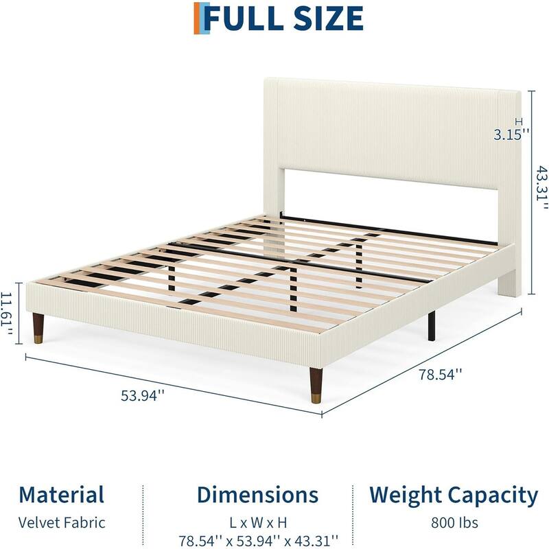 Soft Corduroy Fabric Platform Bed Frame with Upholstered Headboard, White
