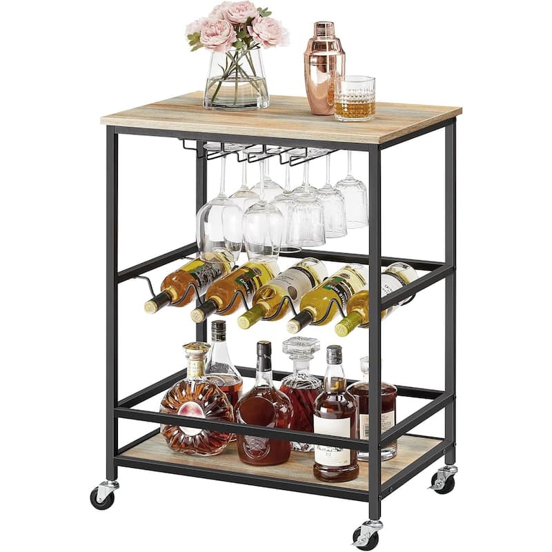 Industrial Bar Serving Cart with Casters, Glass Holders, Wine Holders - Turquoise Brown