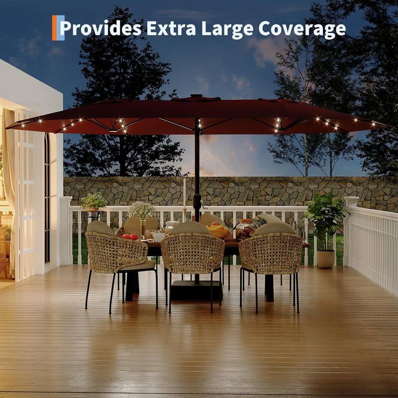 15FT Rectangular Patio Umbrella with Solar Lights & Base Included - Large Patio Umbrella with Crank Handle, UV