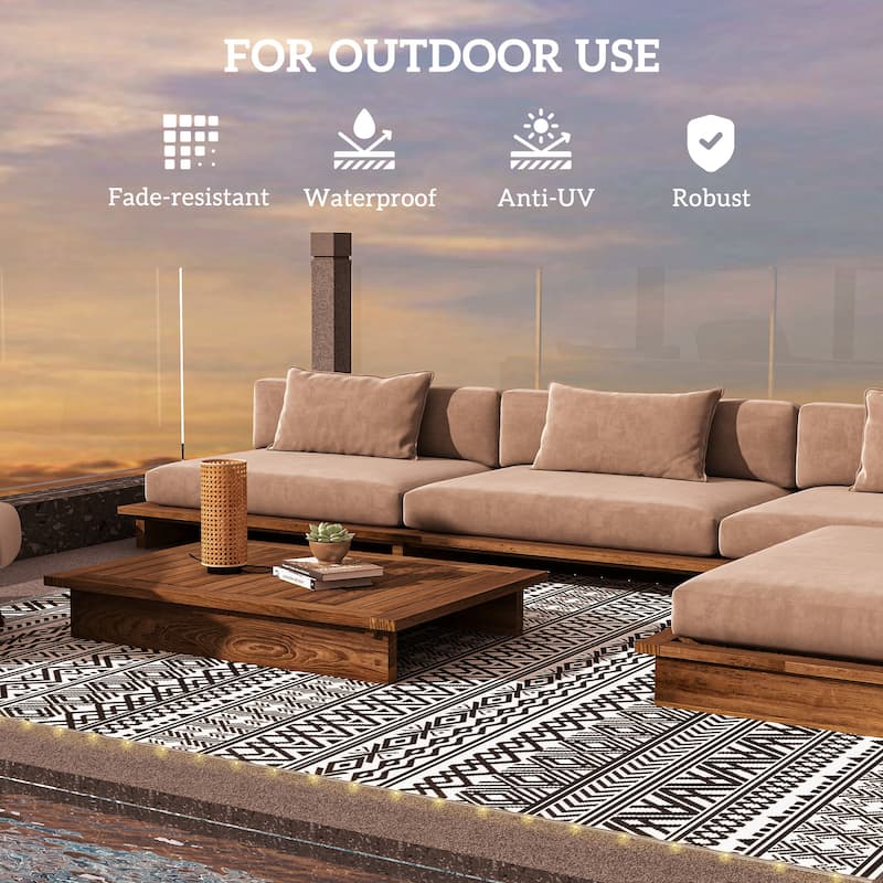 Outsunny Reversible Outdoor Rug Carpet with USB Lights, 12' x 9', Plastic Straw Rug, Patio Mat - 9' x 12'