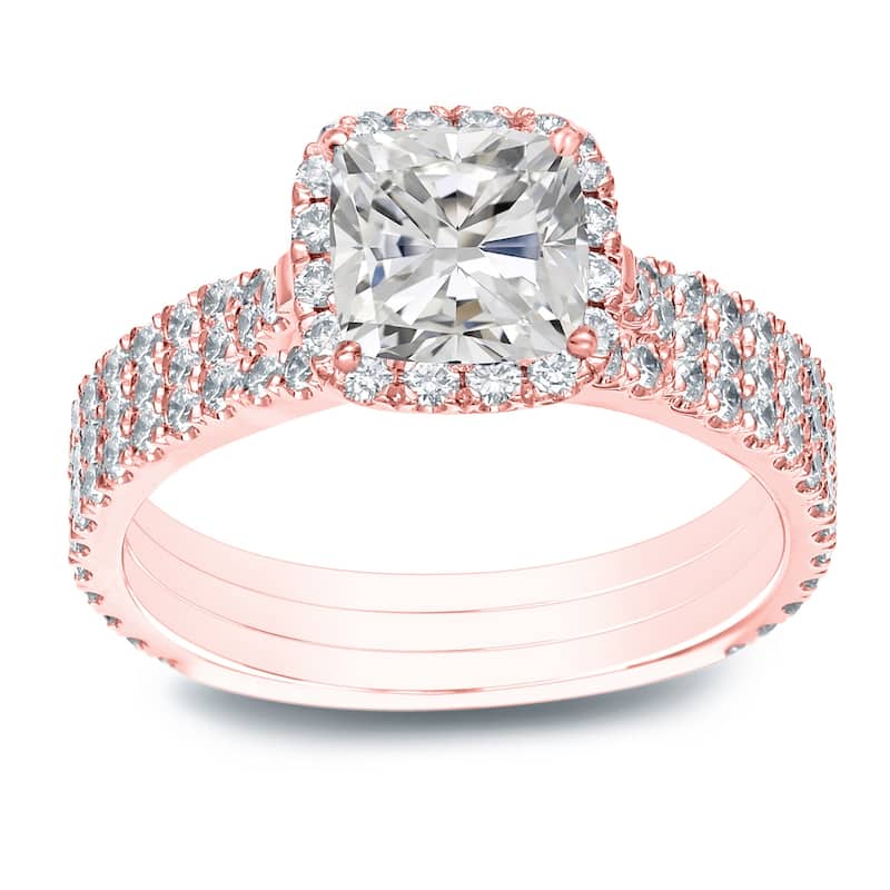 Auriya 2 1/5ctw Cushion-cut Halo Diamond Engagement Ring 3pc Set 14k Gold Certified - Rose - 9