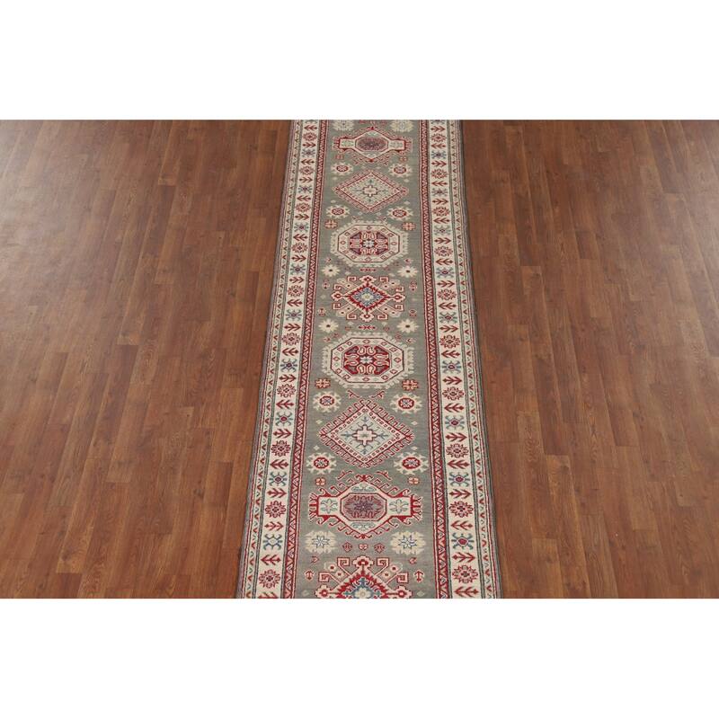 Geometric Kazak Runner Rug Handmade Oriental Grey Wool Carpet - 2'7" x 16'3"