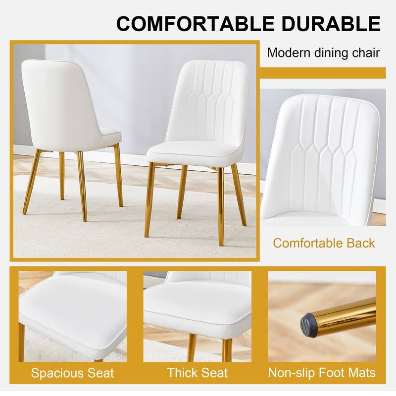 2 modern dining chairs, sleek PU leather backrest, and gold metal legs bring a comfortable home experience to the kitchen