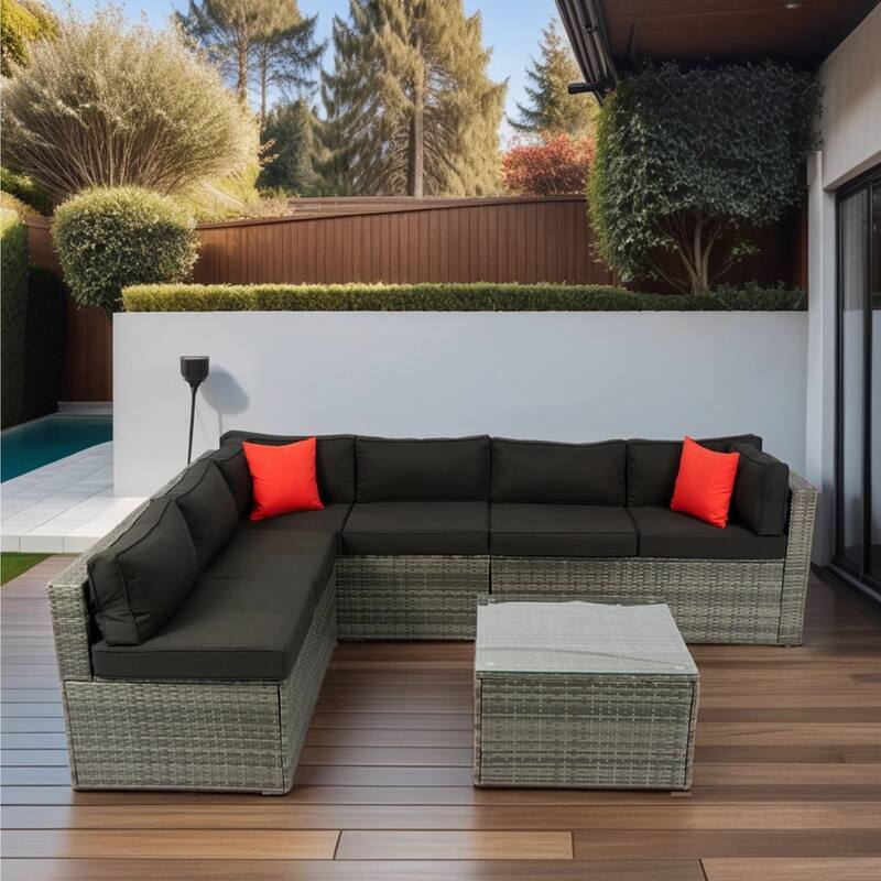 Black+Grey 5 Pieces PE Rattan All-Weather Sectional Outdoor Furniture Set with Comfort Cushions and Pillows and Coffee Table