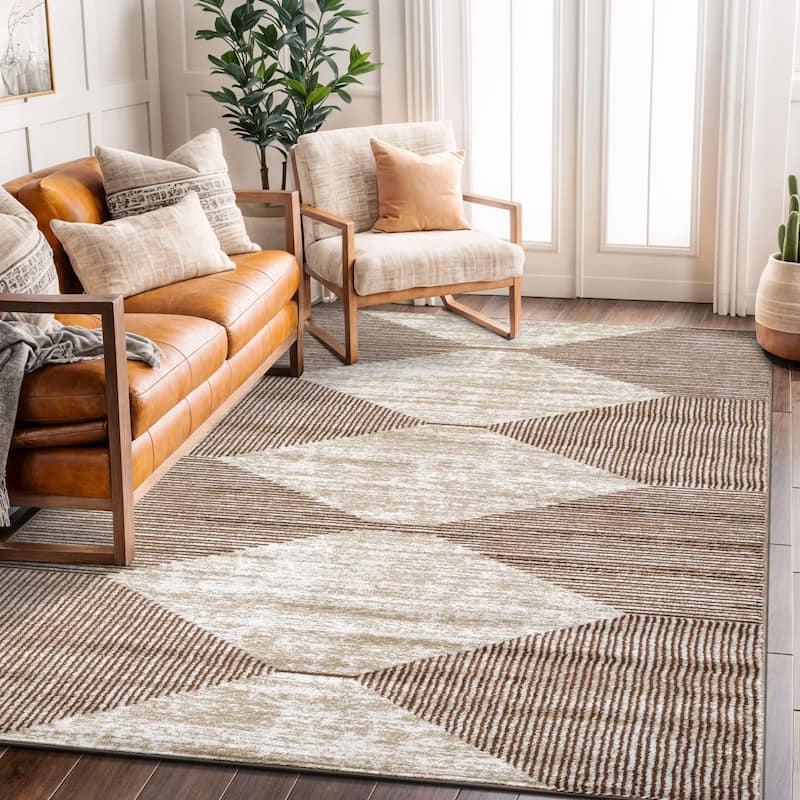 Beige Brown Geometric Stripe Stylish and Durable Area Rug - Beige - 5' x 7'