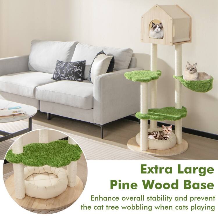 55 Inch Tall Cat Climbing Stand with Sisal Scratching Posts and Soft Cat Bed for Indoor Kittens-Green