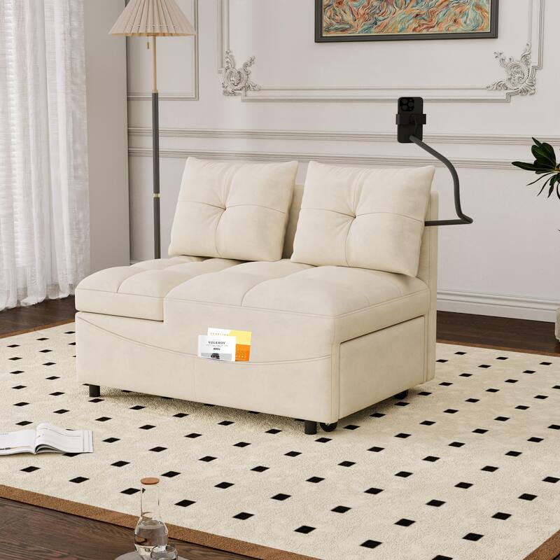 Velvet Pull-Out Bed Loveseat Sofa, Adjustable Back Tufted Futon Sofa with USB port and swivel Phone Stand, Pockets